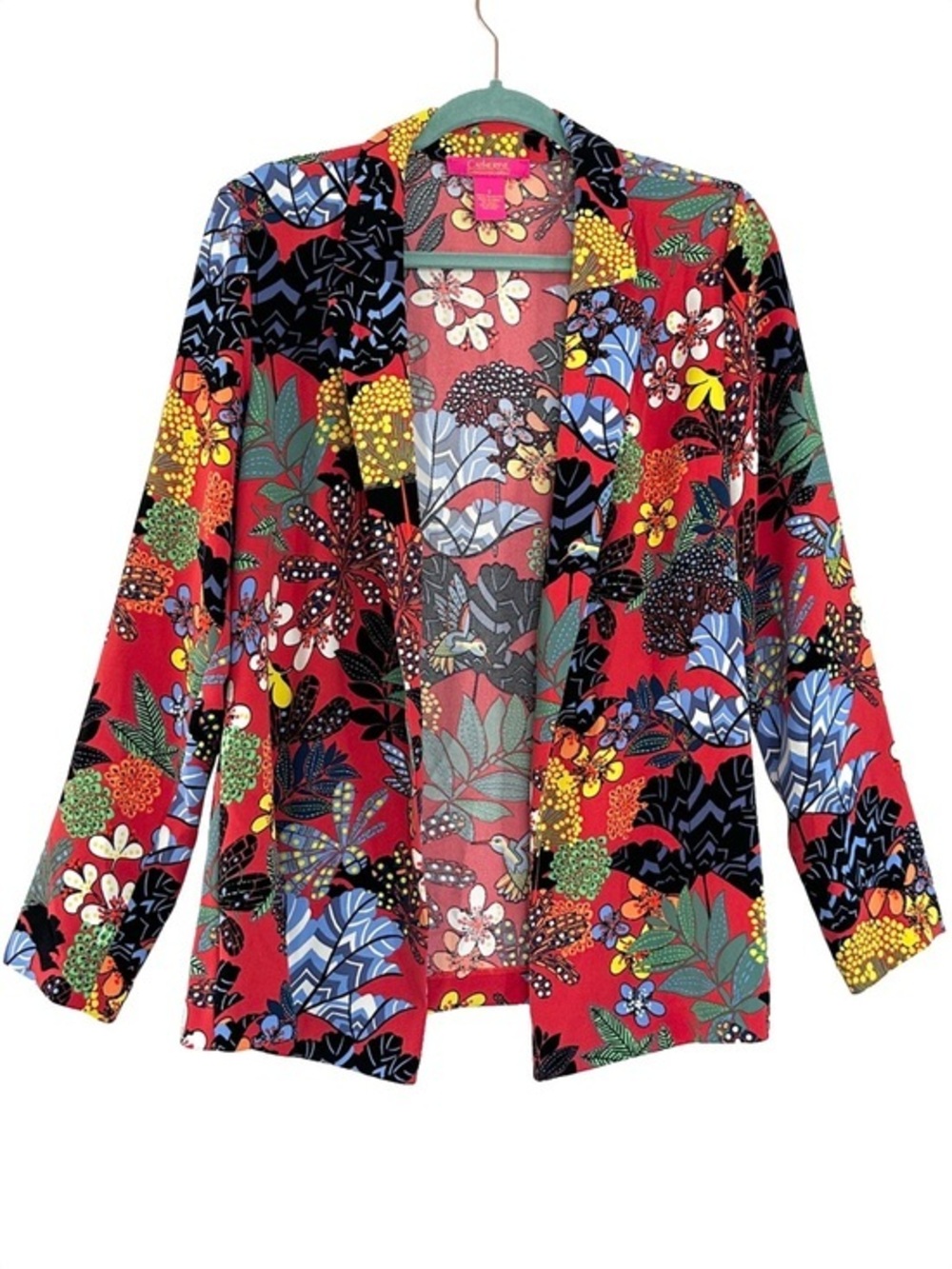 Catherine Malandrino Red Knit Open Jacket Colorful Floral Hummingbird Print Sm